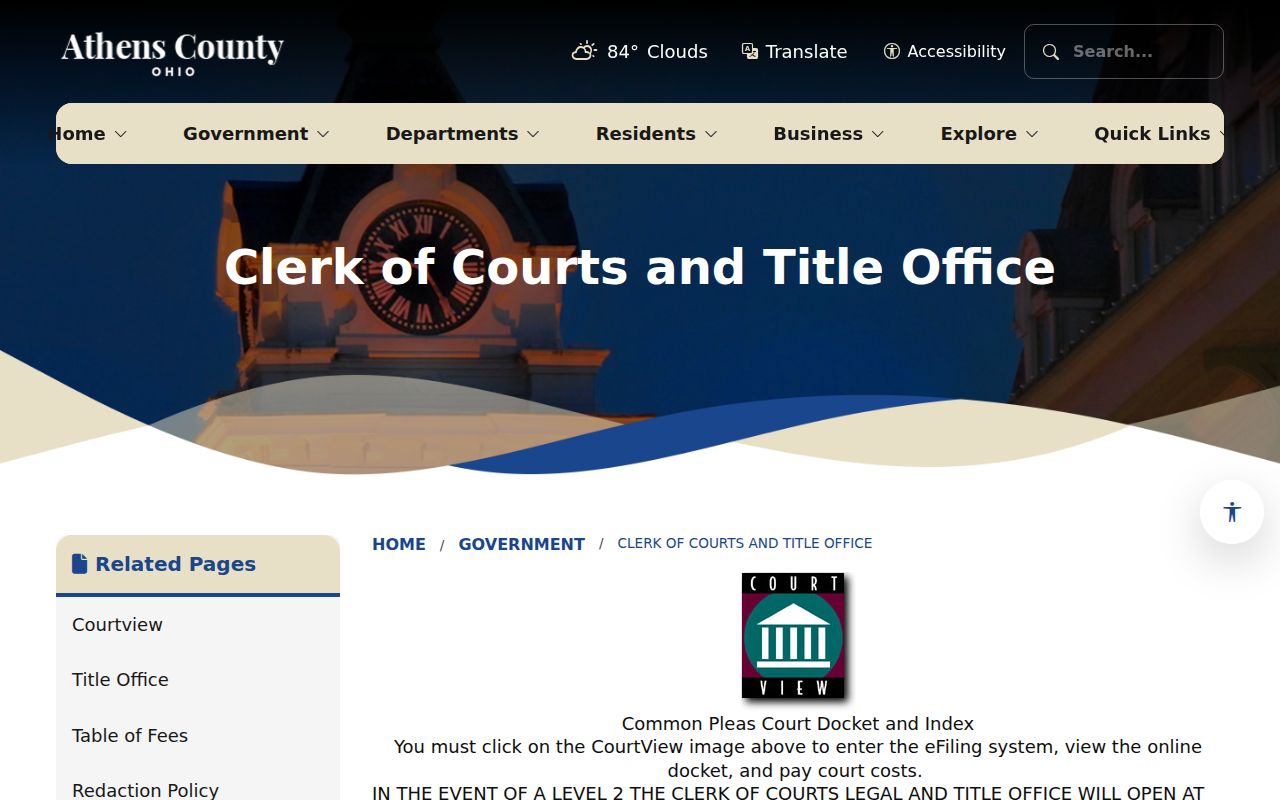Athens Township previous residents research reference showing the Athens County Clerk of Courts and CourtView route