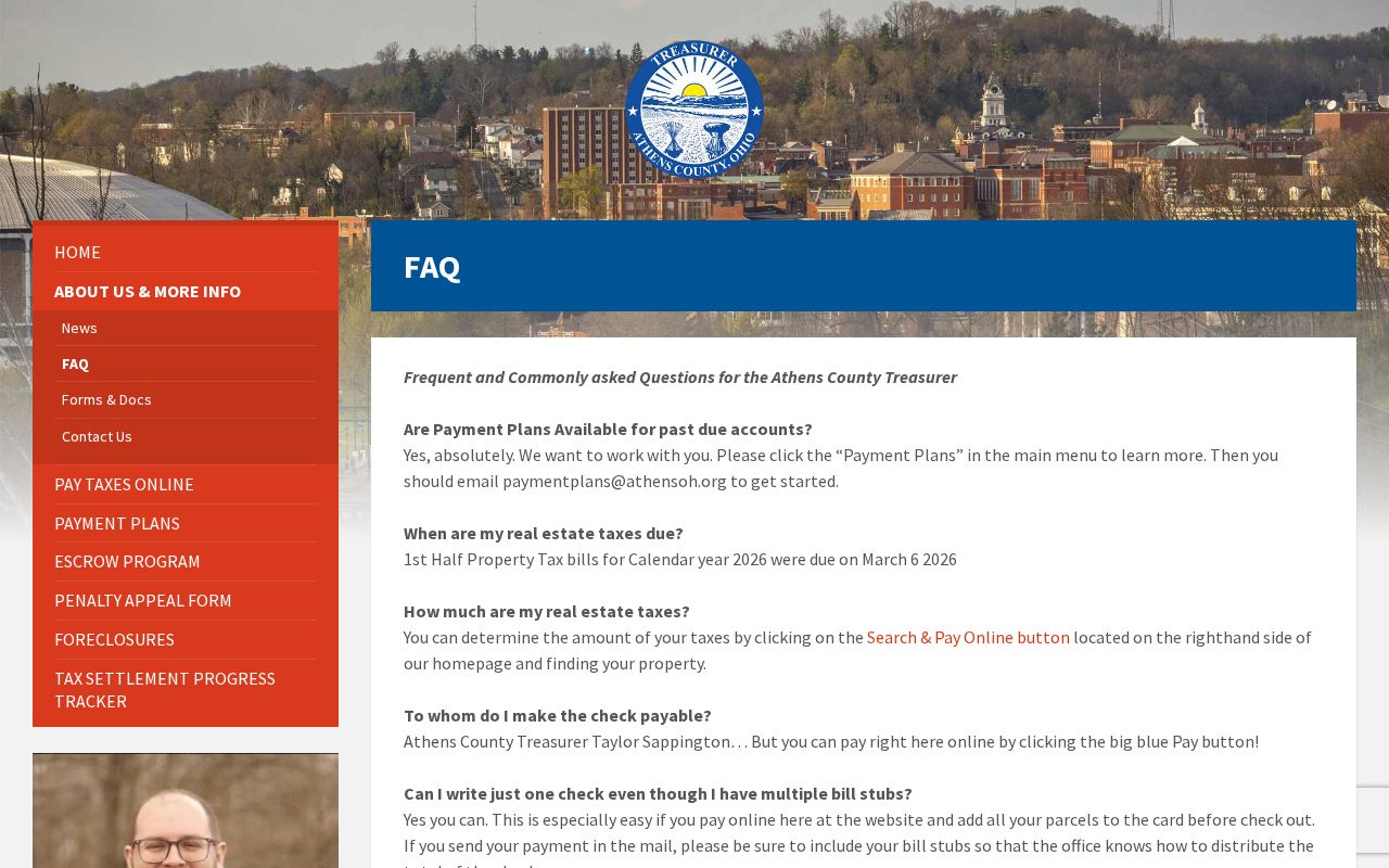 Athens Township street directory reference showing Athens County Treasurer property tax guidance